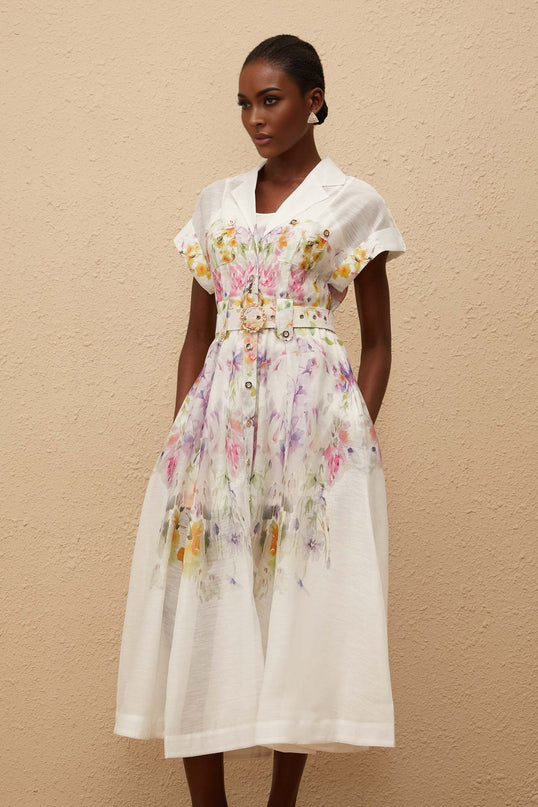 Ursula White Floral Print Midi Dress with Peak Lapels and Belted Waist