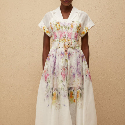 Ursula White Floral Print Midi Dress with Peak Lapels and Cap Sleeves