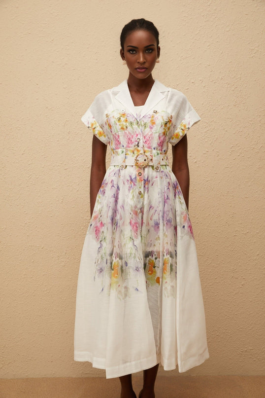 Ursula White Floral Print Midi Dress with Peak Lapels and Cap Sleeves
