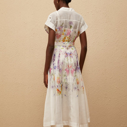 Ursula White Floral Print Midi Dress with Peak Lapels and Cap Sleeves