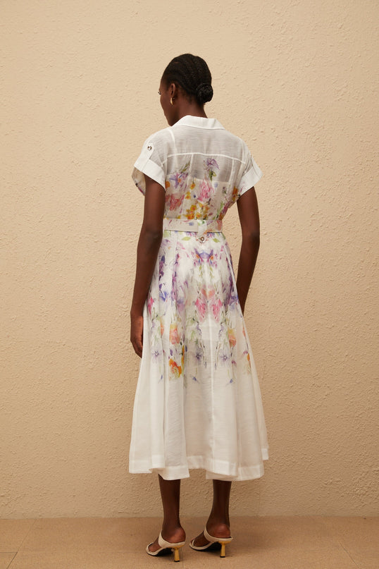 Ursula White Floral Print Midi Dress with Peak Lapels and Cap Sleeves