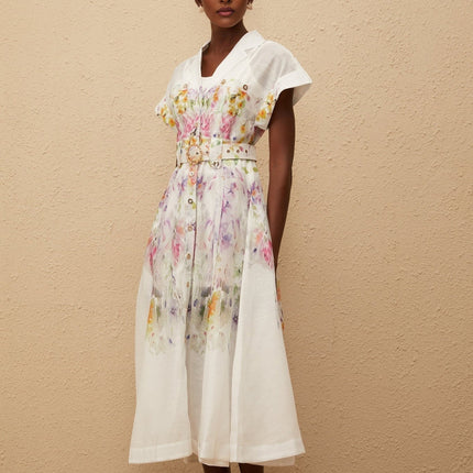 Ursula White Floral Print Midi Dress with Peak Lapels and Cap Sleeves