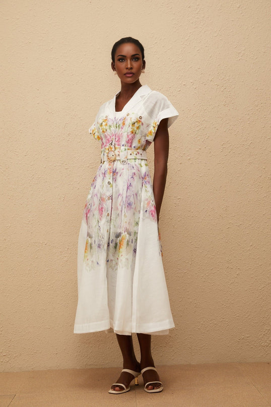 Ursula White Floral Print Midi Dress with Peak Lapels and Cap Sleeves