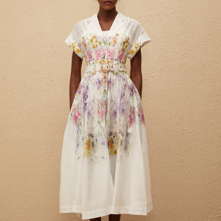 Ursula White Floral Print Midi Dress with Peak Lapels and Cap Sleeves