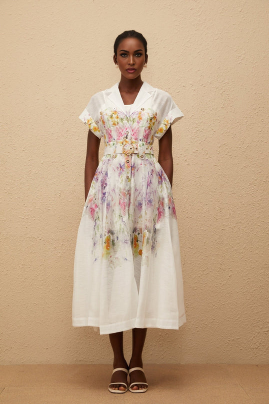 Ursula White Floral Print Midi Dress with Peak Lapels and Cap Sleeves