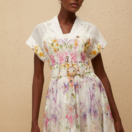 Ursula White Floral Print Midi Dress with Peak Lapels and Embossed Gold-Tone Buttons