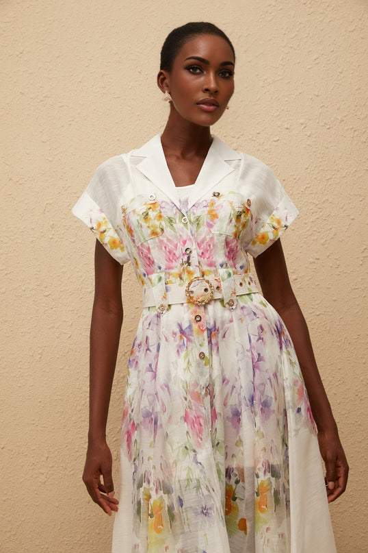Ursula White Floral Print Midi Dress with Peak Lapels and Embossed Gold-Tone Buttons