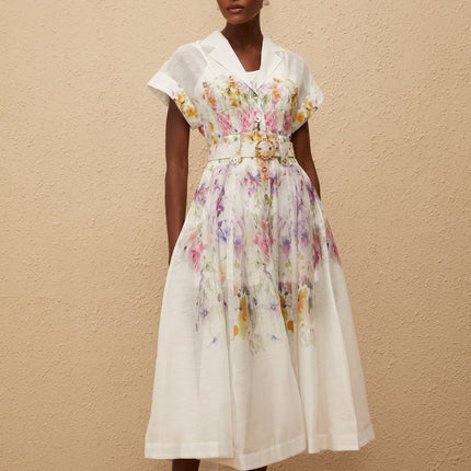 Ursula White Floral Print Midi Dress with Peak Lapels and Cap Sleeves
