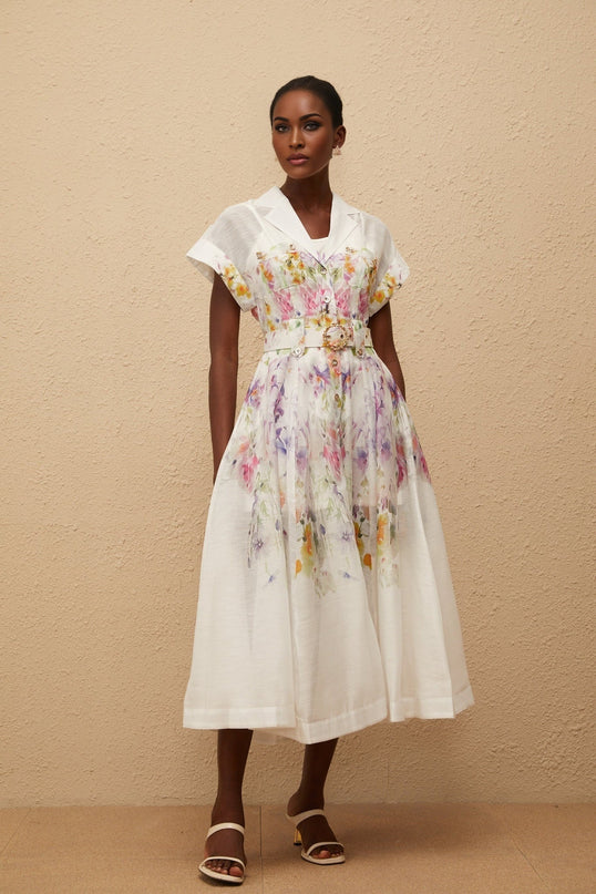Ursula White Floral Print Midi Dress with Peak Lapels and Cap Sleeves