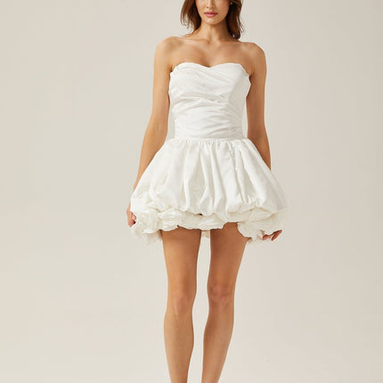 Ursula White Mini Dress Sweetheart Neckline Tulle Panels Pleat Detailing 3D Petal Embellishments Bubble Skirt 75 Cotton 25 Polyester