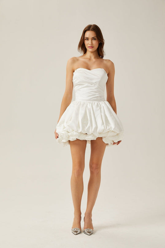 Ursula White Mini Dress Sweetheart Neckline Tulle Panels Pleat Detailing 3D Petal Embellishments Bubble Skirt 75 Cotton 25 Polyester