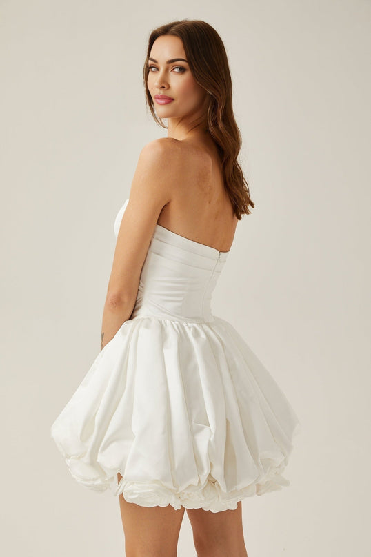 Ursula White Mini Dress Sweetheart Neckline Tulle Panels Pleat Detailing 3D Petal Embellishments Bubble Skirt 75% Cotton 25% Polyester
