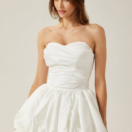 Ursula White Mini Dress Sweetheart Neckline Tulle Panels Pleat Detailing 3D Petal Embellishments Bubble Skirt 75 Cotton 25 Polyester