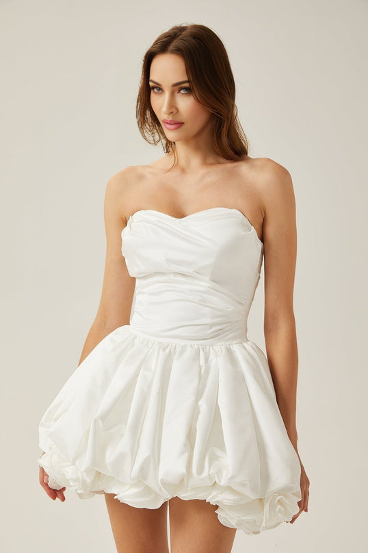 Ursula White Mini Dress Sweetheart Neckline Tulle Panels Pleat Detailing 3D Petal Embellishments Bubble Skirt 75 Cotton 25 Polyester