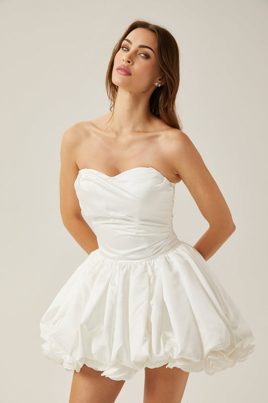Ursula White Mini Dress Sweetheart Neckline Tulle Panels Pleat Detailing 3D Petal Embellishments Bubble Skirt 75 Cotton 25 Polyester