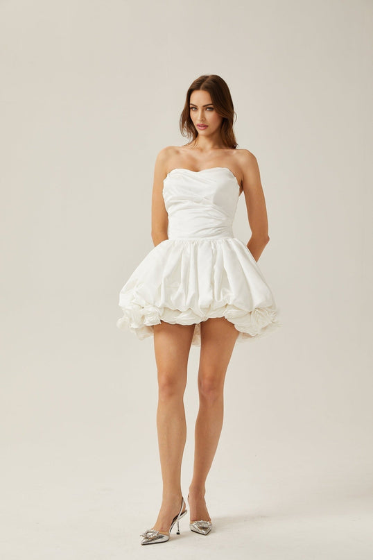 Ursula White Mini Dress Sweetheart Neckline Tulle Pleat 3D Petal Bubble Skirt