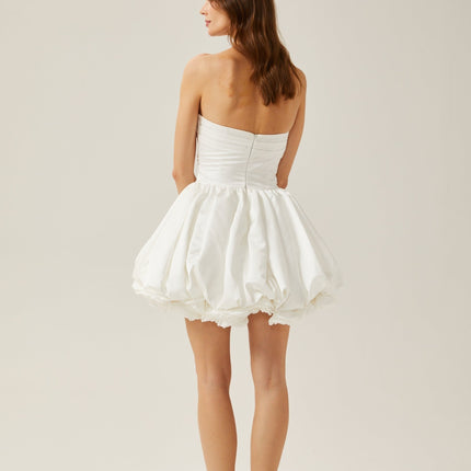 Ursula White Mini Dress with Sweetheart neckline, Tulle panels, Pleat detailing, and 3D petal embellishments