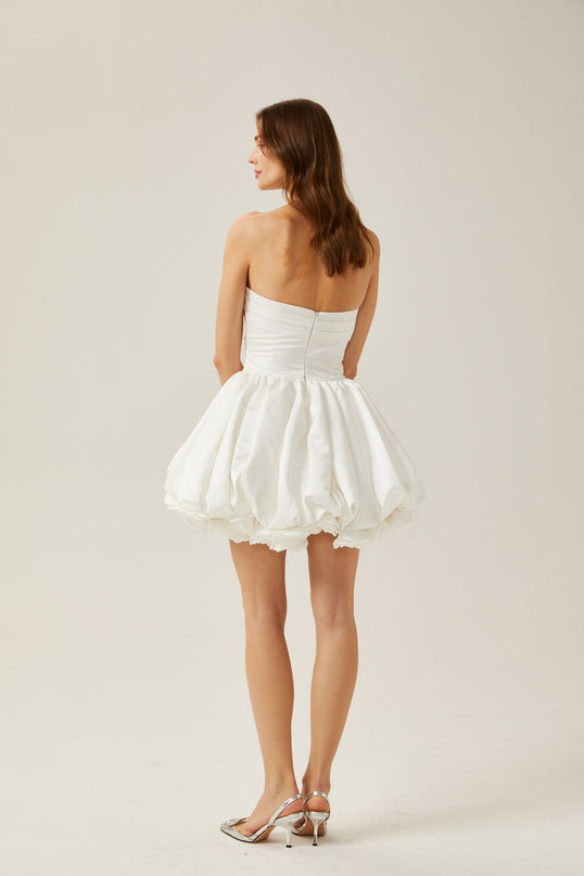 Ursula White Mini Dress with Sweetheart neckline, Tulle panels, Pleat detailing, and 3D petal embellishments