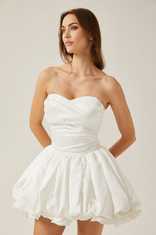 Ursula White Mini Dress Sweetheart Neckline Tulle Pleat Detailing 3D Petal Embellishments Bubble Skirt
