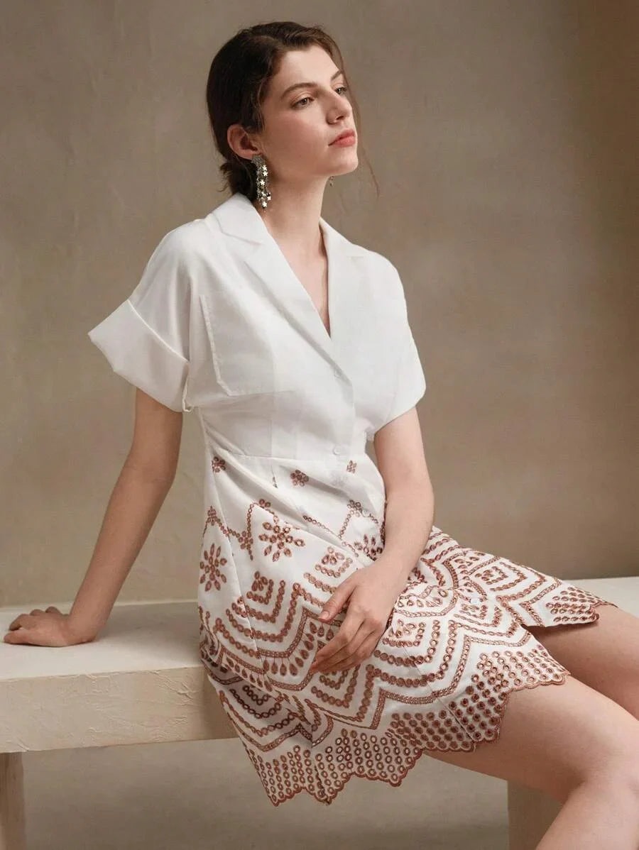 Vacation Casual Contrast Color Hollow Embroidered Front Button Shirt Dress