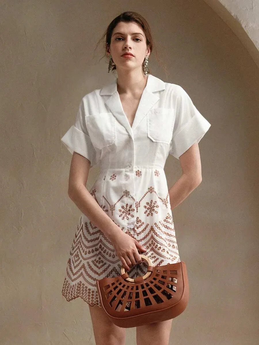 Vacation Casual Contrast Color Hollow Embroidered Front Button Shirt Dress