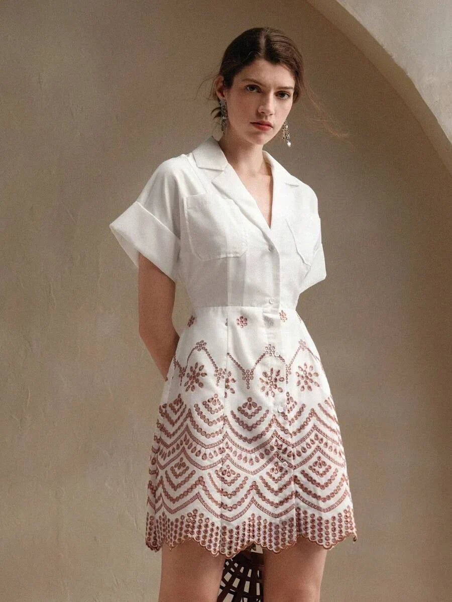 Vacation Casual Contrast Color Hollow Embroidered Front Button Shirt Dress