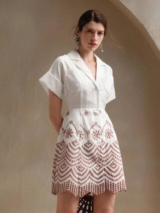 Vacation Casual Contrast Color Hollow Embroidered Front Button Shirt Dress