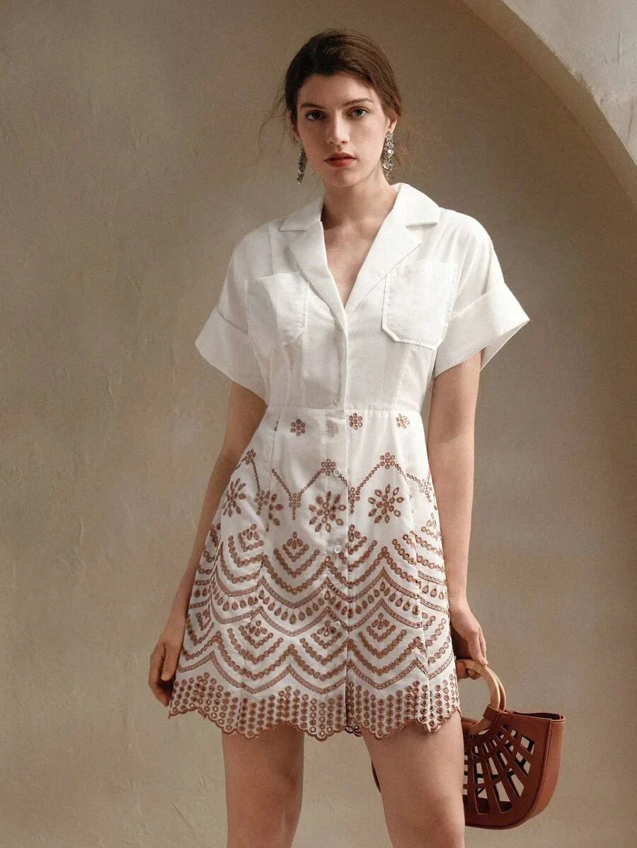 Vacation Casual Contrast Color Hollow Embroidered Front Button Shirt Dress