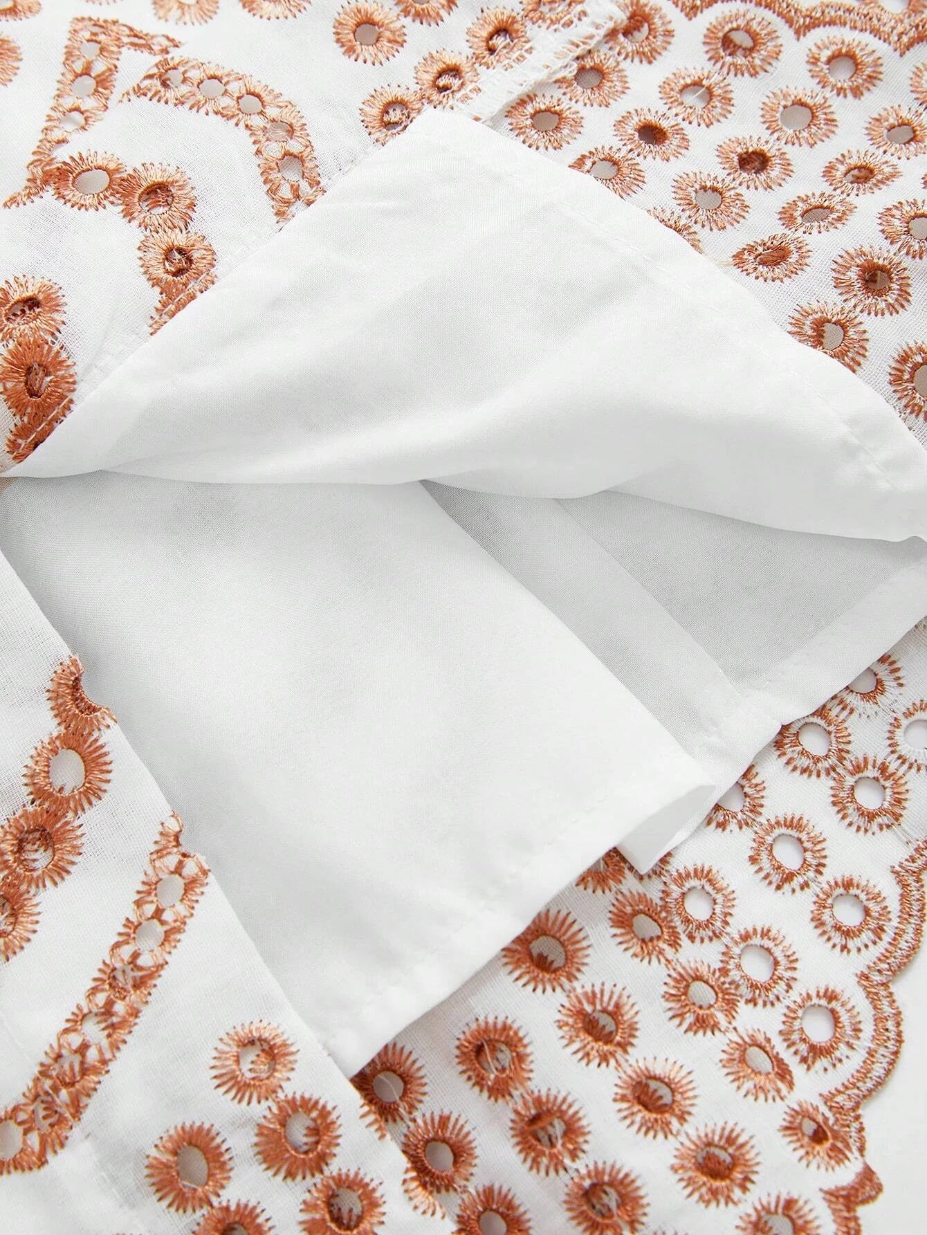 Vacation Casual Contrast Color Hollow Embroidered Front Button Shirt Dress