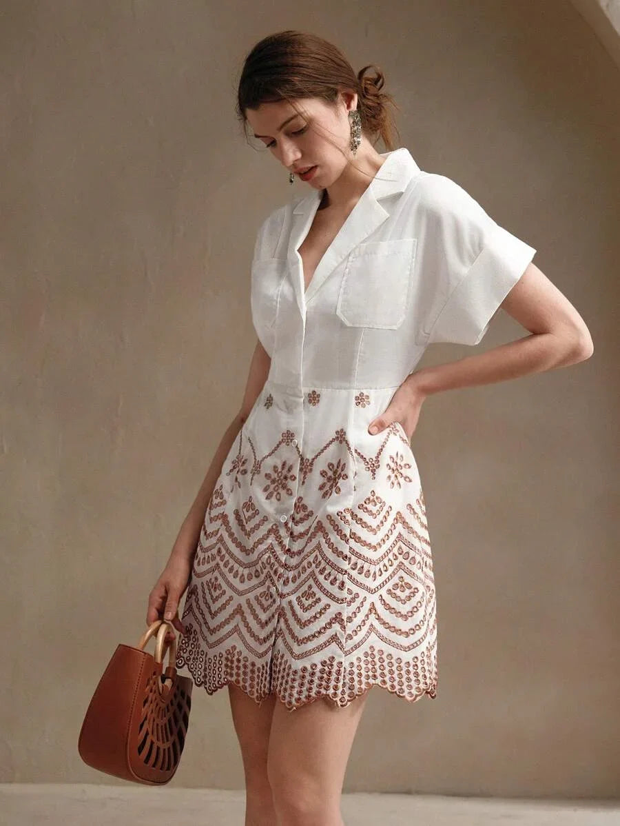 Vacation Casual Contrast Color Hollow Embroidered Front Button Shirt Dress
