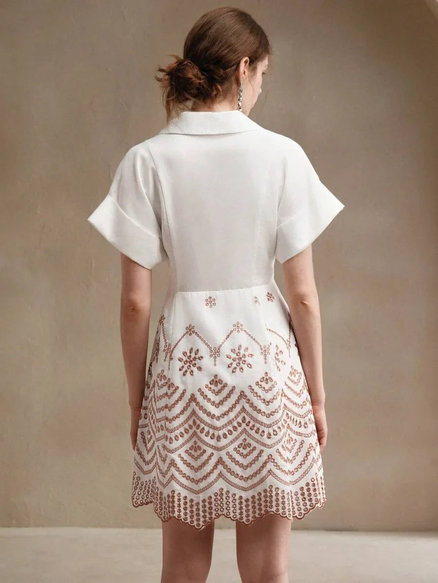 Vacation Casual Contrast Color Hollow Embroidered Front Button Shirt Dress