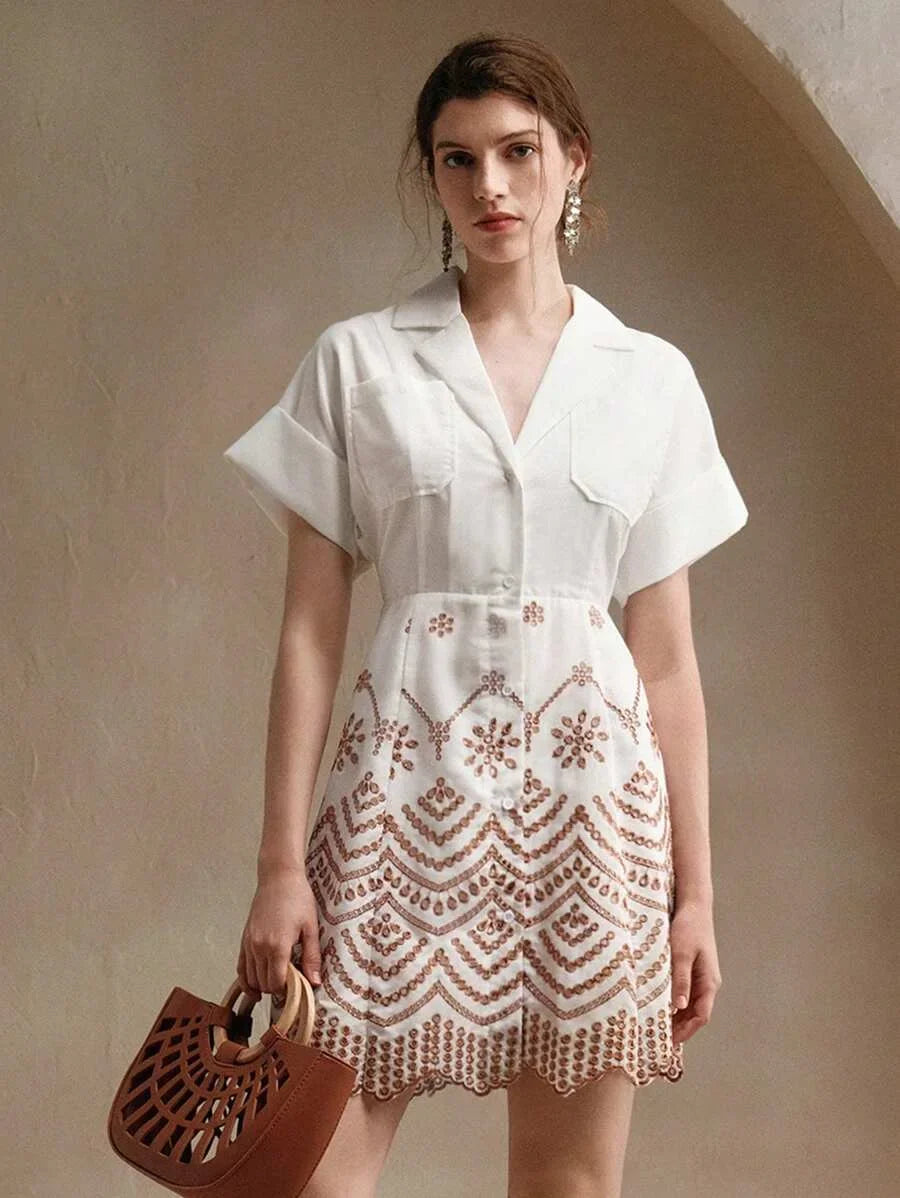 Vacation Casual Contrast Color Hollow Embroidered Front Button Shirt Dress