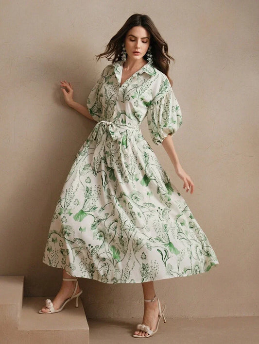 Vacation Romantic Casual Floral Print Green Loose Flare Dress Beach Floral Dress SpringSummer