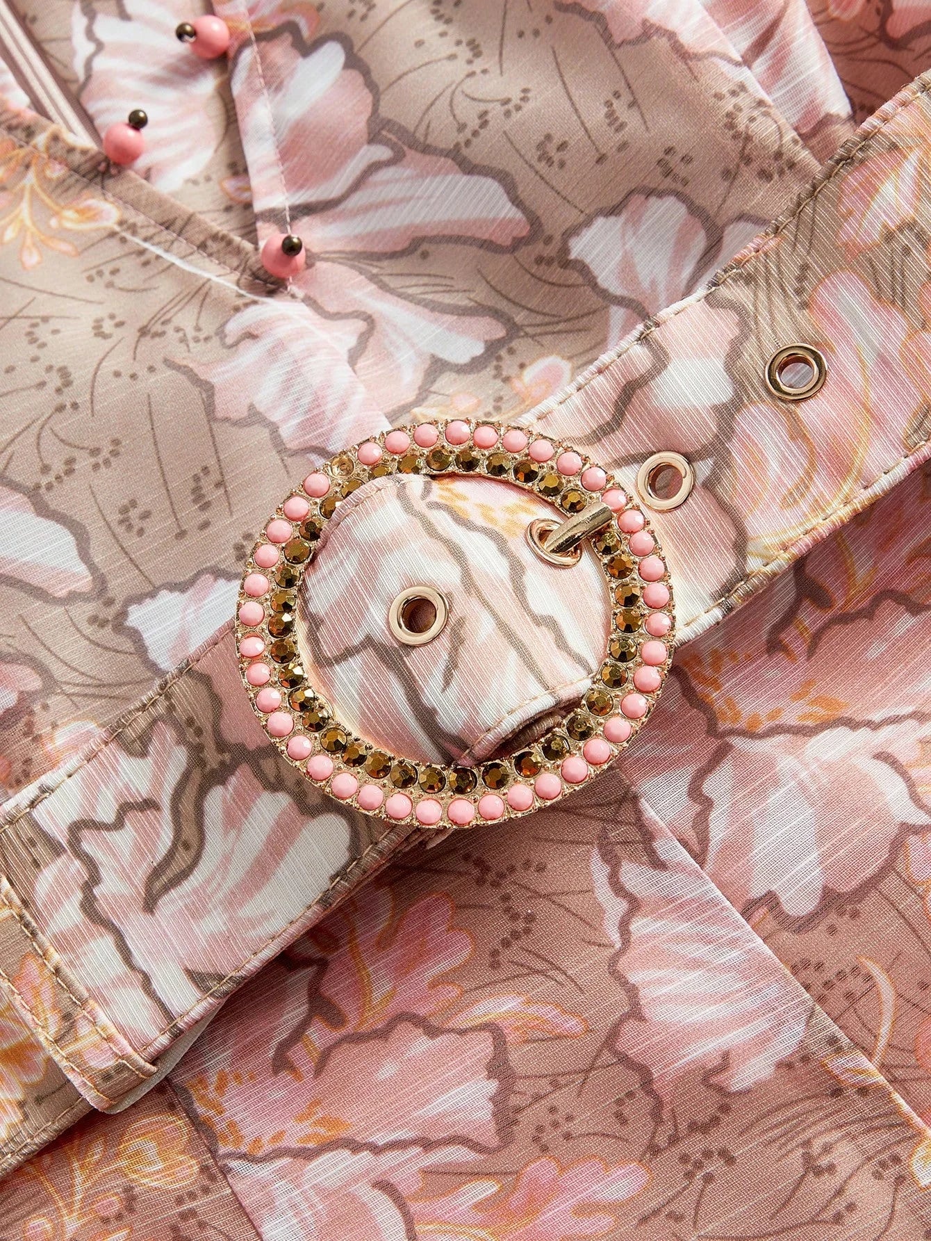 Vacation Style Floral Print Pearl Decor Deep VNeck Cinched Waist Bead Embellished Belt Dress For