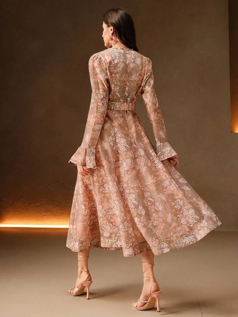 Vacation Style Floral Print Pearl Decor Deep VNeck Cinched Waist Bead Embellished Belt Dress For