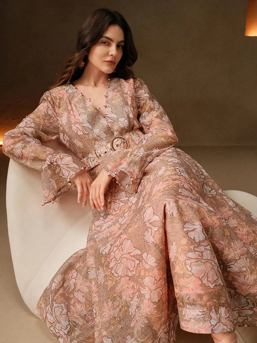 Vacation Style Floral Print Pearl Decor Deep VNeck Cinched Waist Bead Embellished Belt Dress For