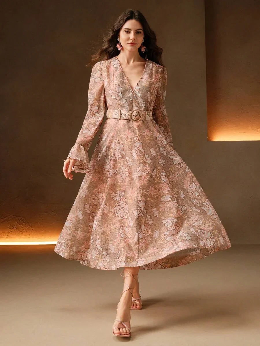 Vacation Style Floral Print Pearl Decor Deep VNeck Cinched Waist Bead Embellished Belt Dress For