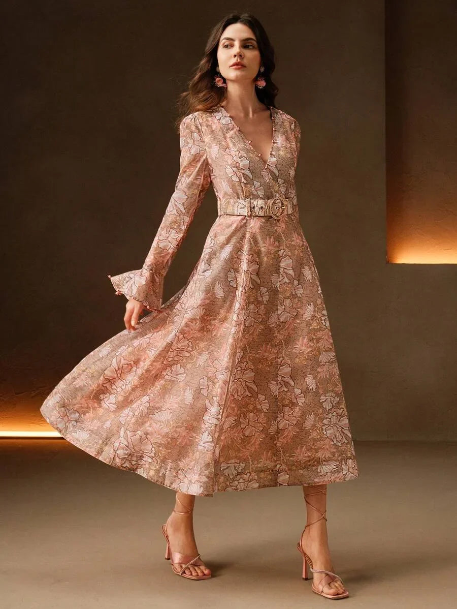 Vacation Style Floral Print Pearl Decor Deep VNeck Cinched Waist Bead Embellished Belt Dress For