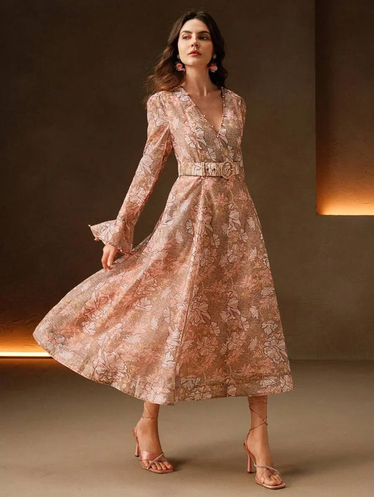 Vacation Style Floral Print Pearl Decor Deep VNeck Cinched Waist Bead Embellished Belt Dress For