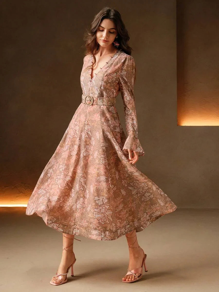 Vacation Style Floral Print Pearl Decor Deep VNeck Cinched Waist Bead Embellished Belt Dress For