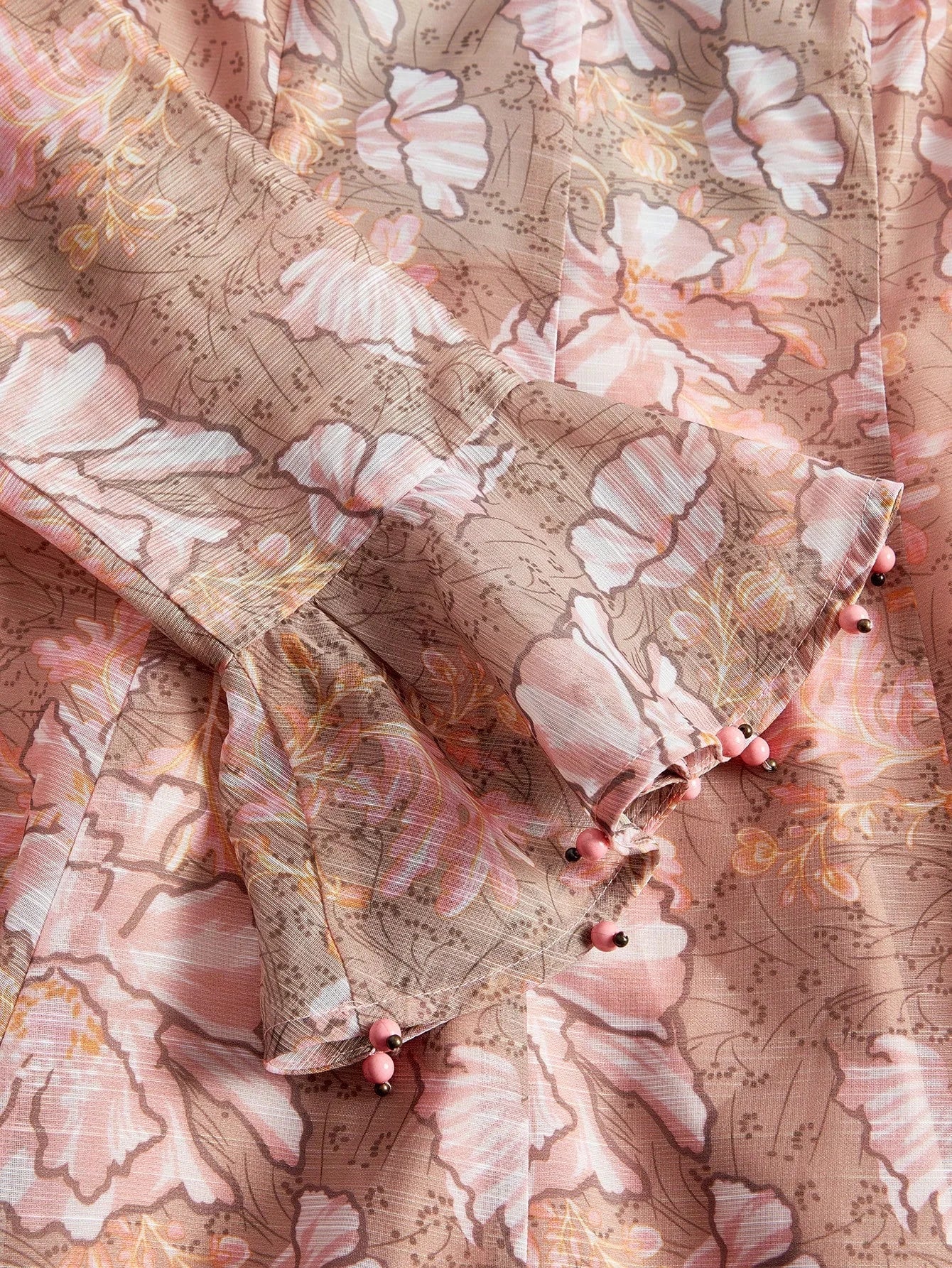 Vacation Style Floral Print Pearl Decor Deep VNeck Cinched Waist Bead Embellished Belt Dress For