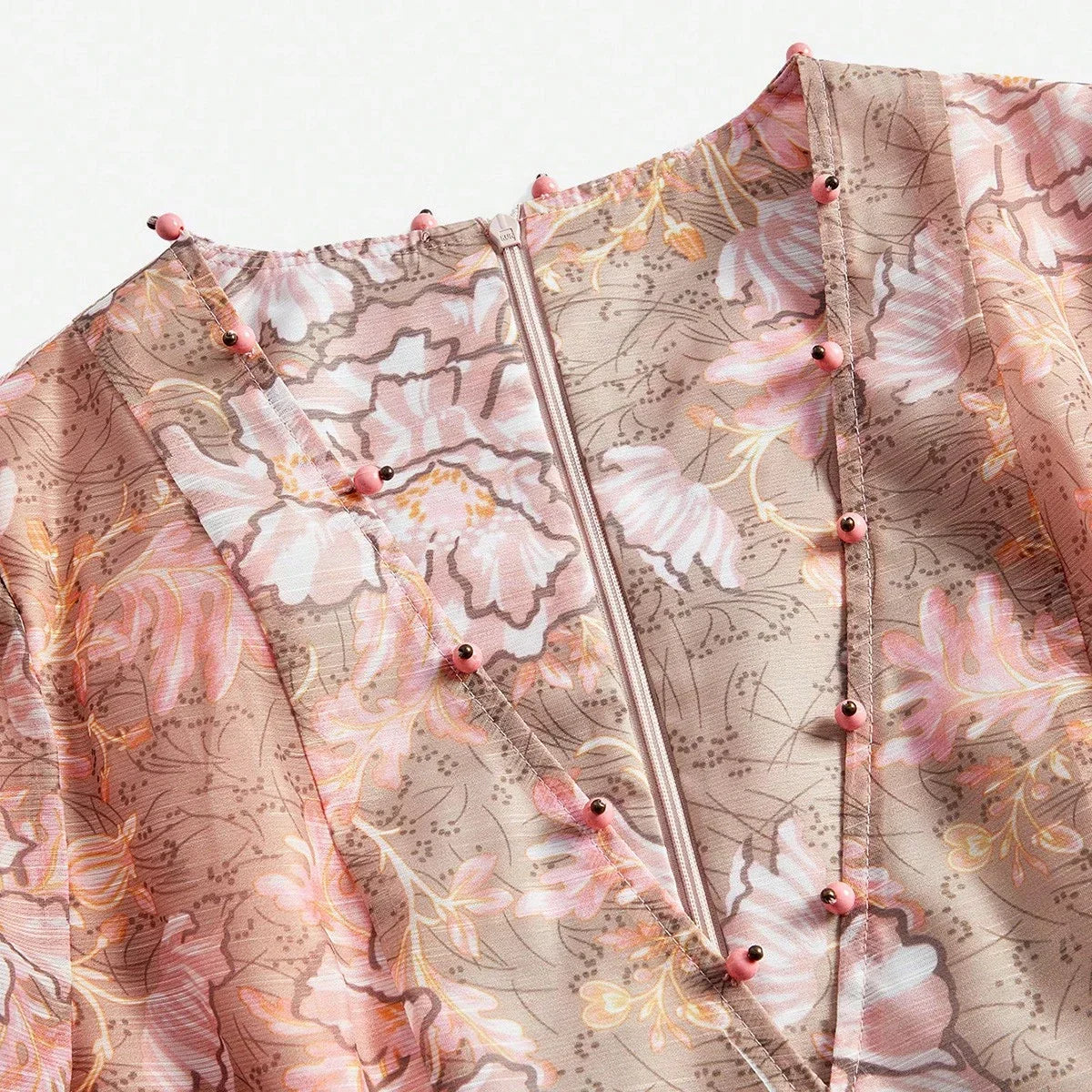 Vacation Style Floral Print Pearl Decor Deep VNeck Cinched Waist Bead Embellished Belt Dress For