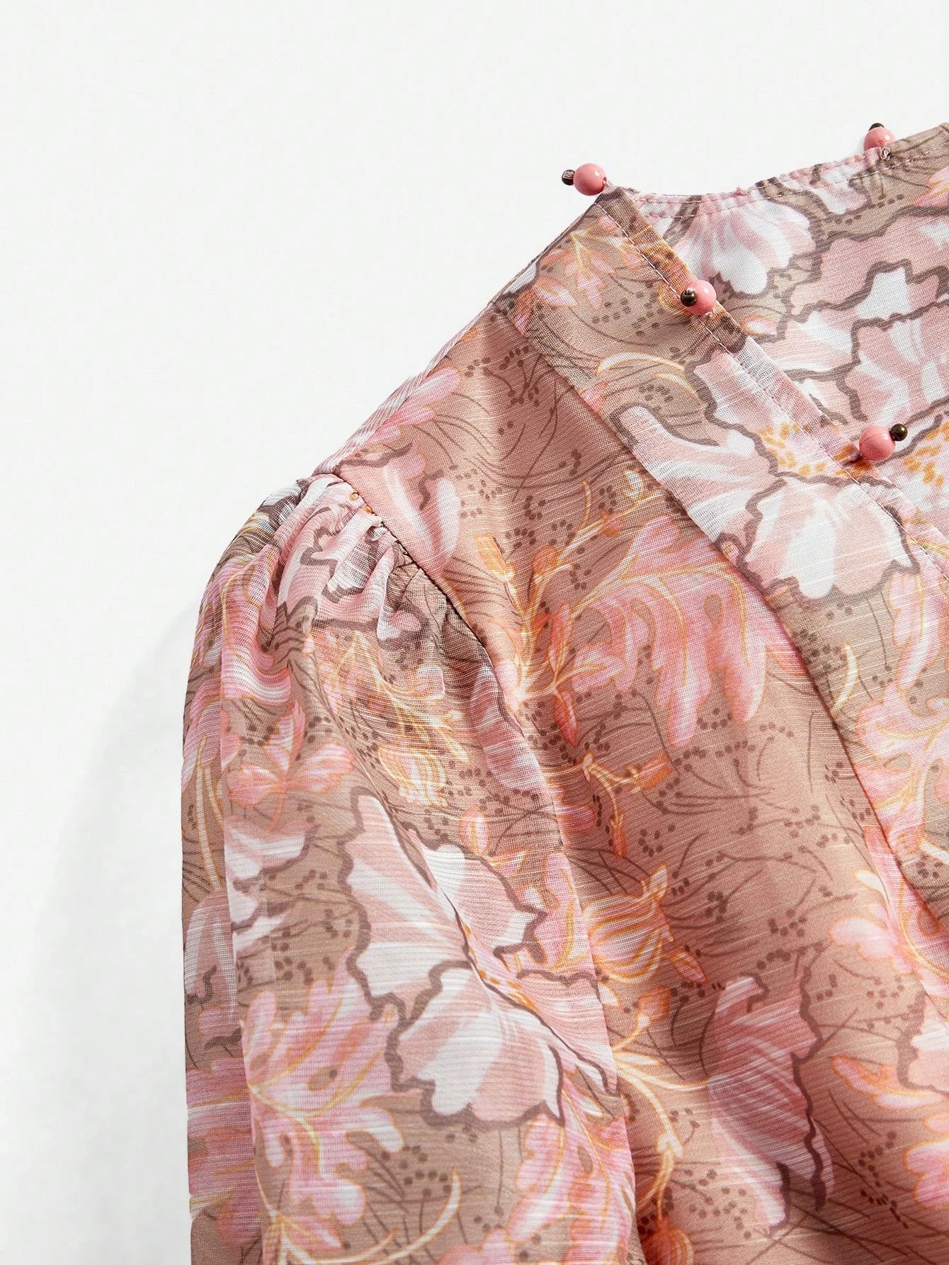 Vacation Style Floral Print Pearl Decor Deep VNeck Cinched Waist Bead Embellished Belt Dress For