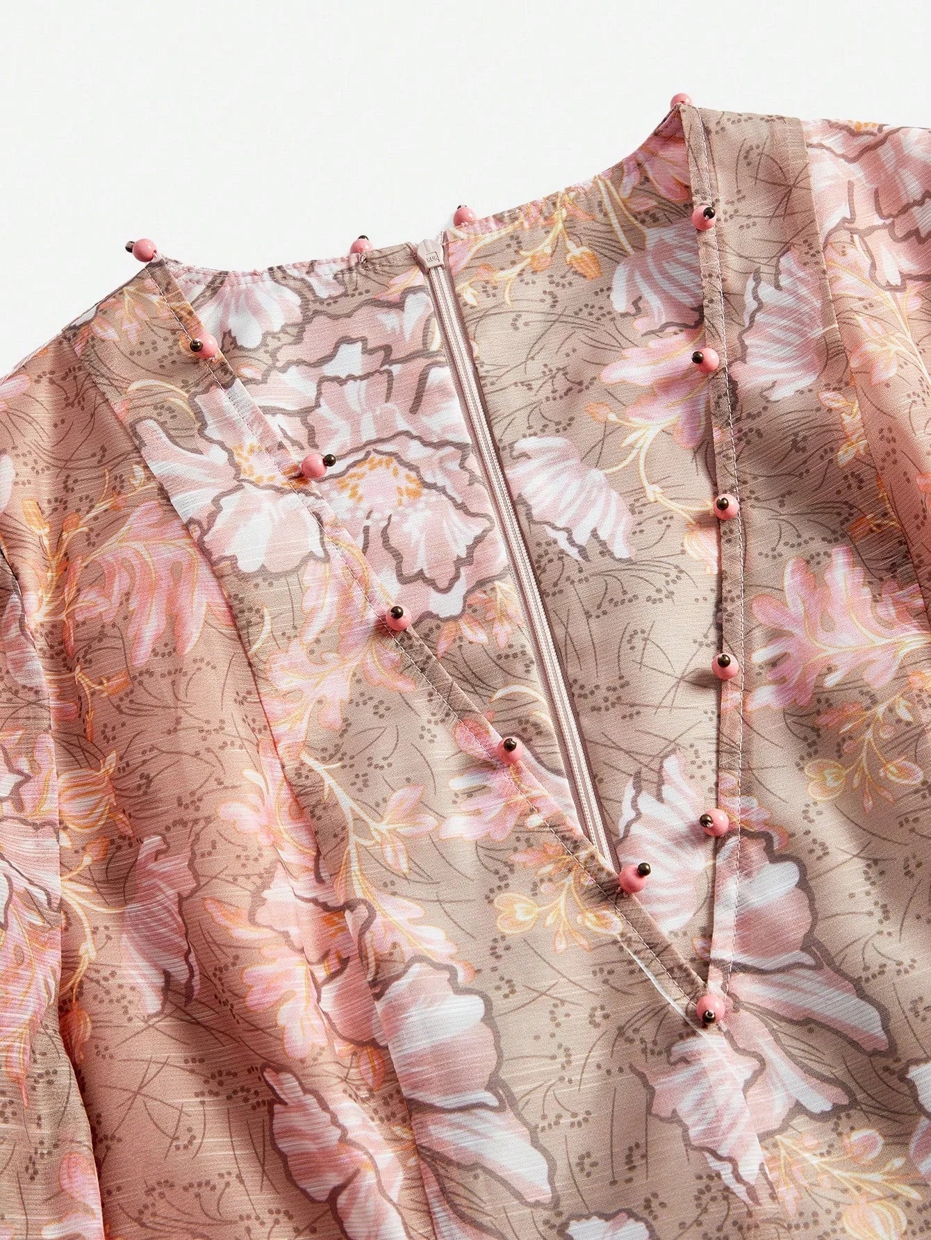 Vacation Style Floral Print Pearl Decor Deep VNeck Cinched Waist Bead Embellished Belt Dress For