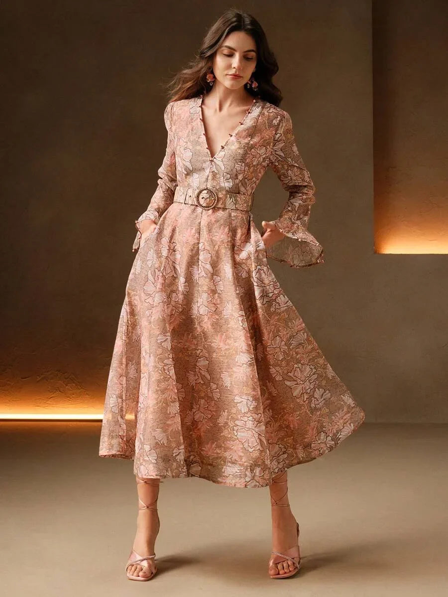 Vacation Style Floral Print Pearl Decor Deep VNeck Cinched Waist Bead Embellished Belt Dress For