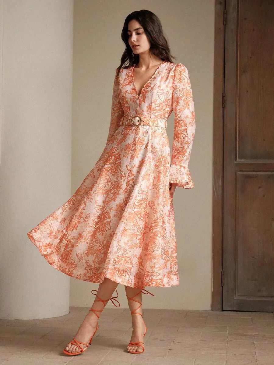 Vacation Style Floral Print Pearl Decor VNeck Cinched Waist Rhinestoned Ladies Dress