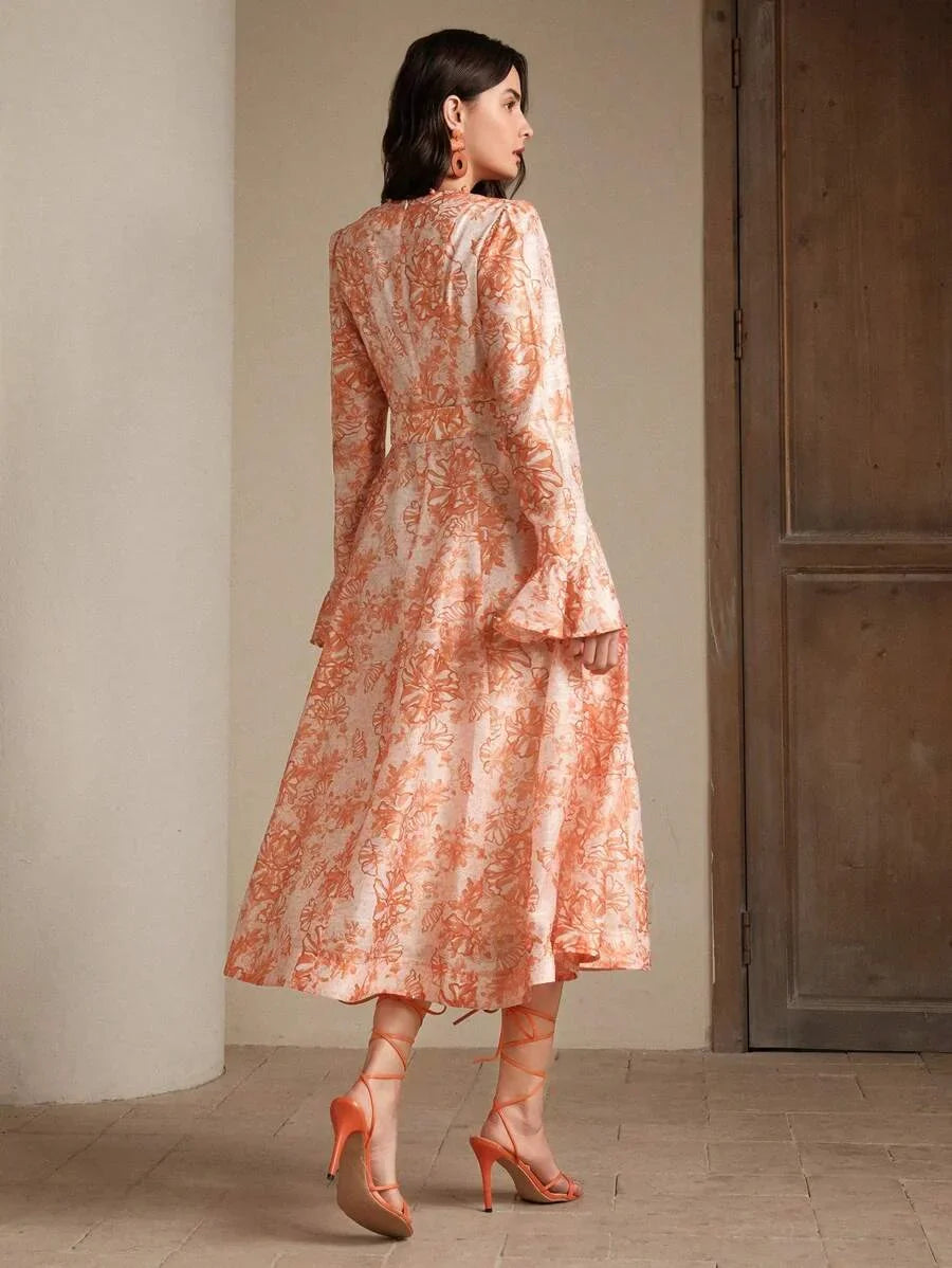 Vacation Style Floral Print Pearl Decor VNeck Cinched Waist Rhinestoned Ladies Dress