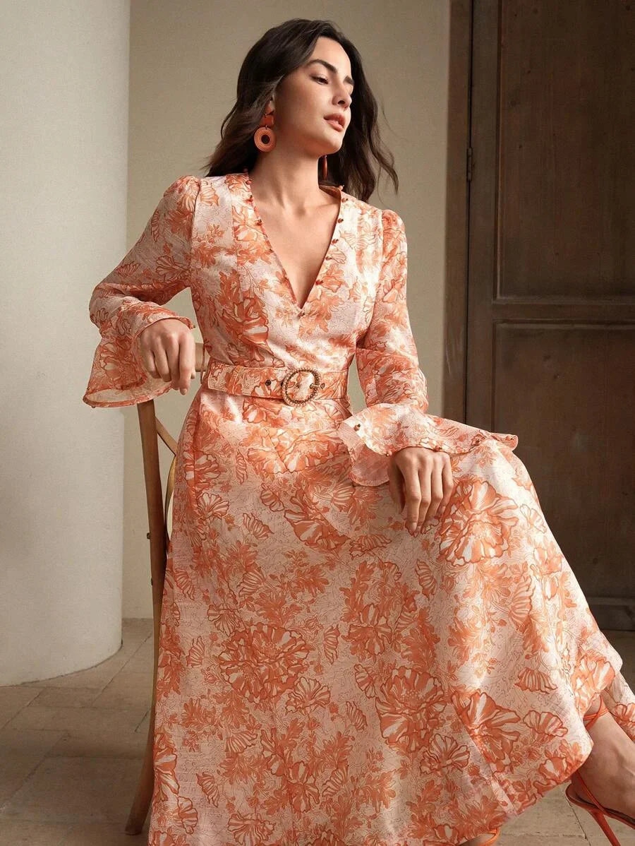 Vacation Style Floral Print Pearl Decor VNeck Cinched Waist Rhinestoned Ladies Dress