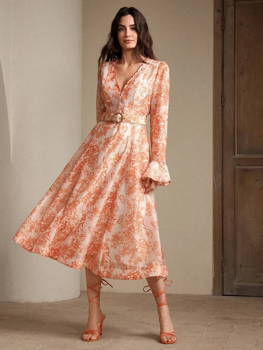 Vacation Style Floral Print Pearl Decor VNeck Cinched Waist Rhinestoned Ladies Dress