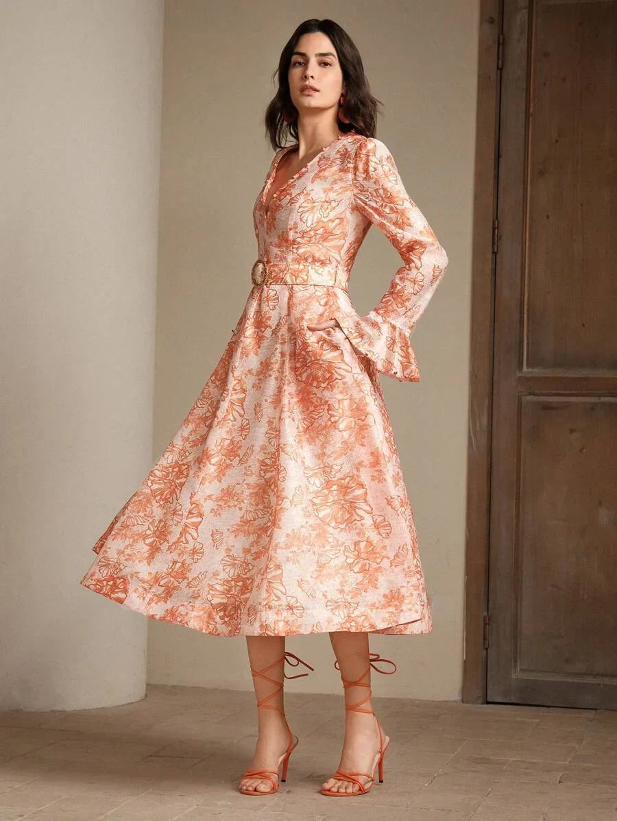 Vacation Style Floral Print Pearl Decor VNeck Cinched Waist Rhinestoned Ladies Dress